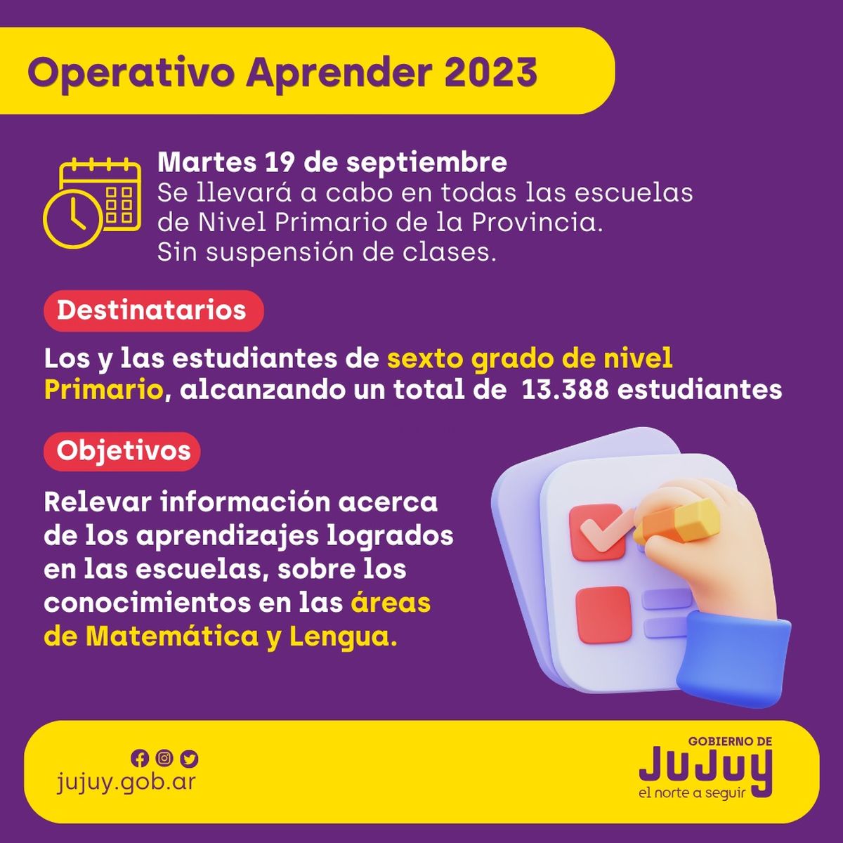 El martes 19 de septiembre se realizará el Operativo Aprender 2023