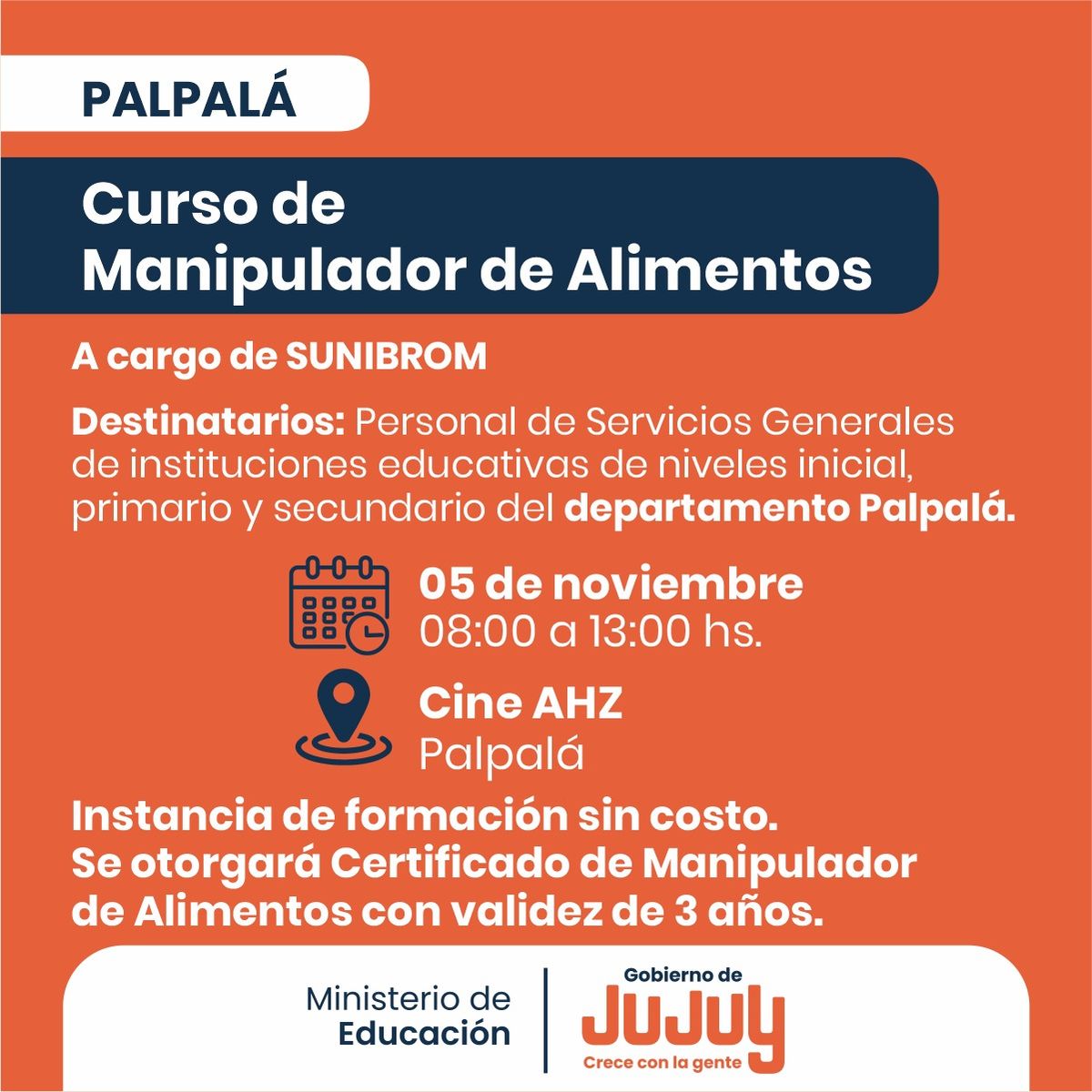 Curso de manipulador de alimentos para personal de servicios generales del departamento Palpalá