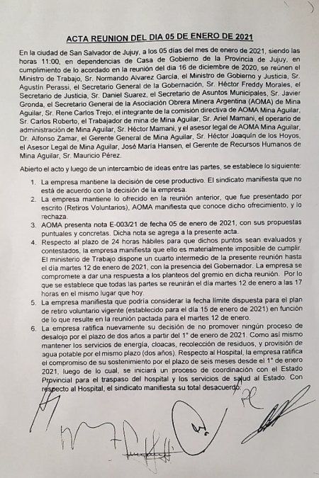 El Gobierno ratificó su defensa de los mineros de El Aguilar. Cuarto intermedio para el martes 12