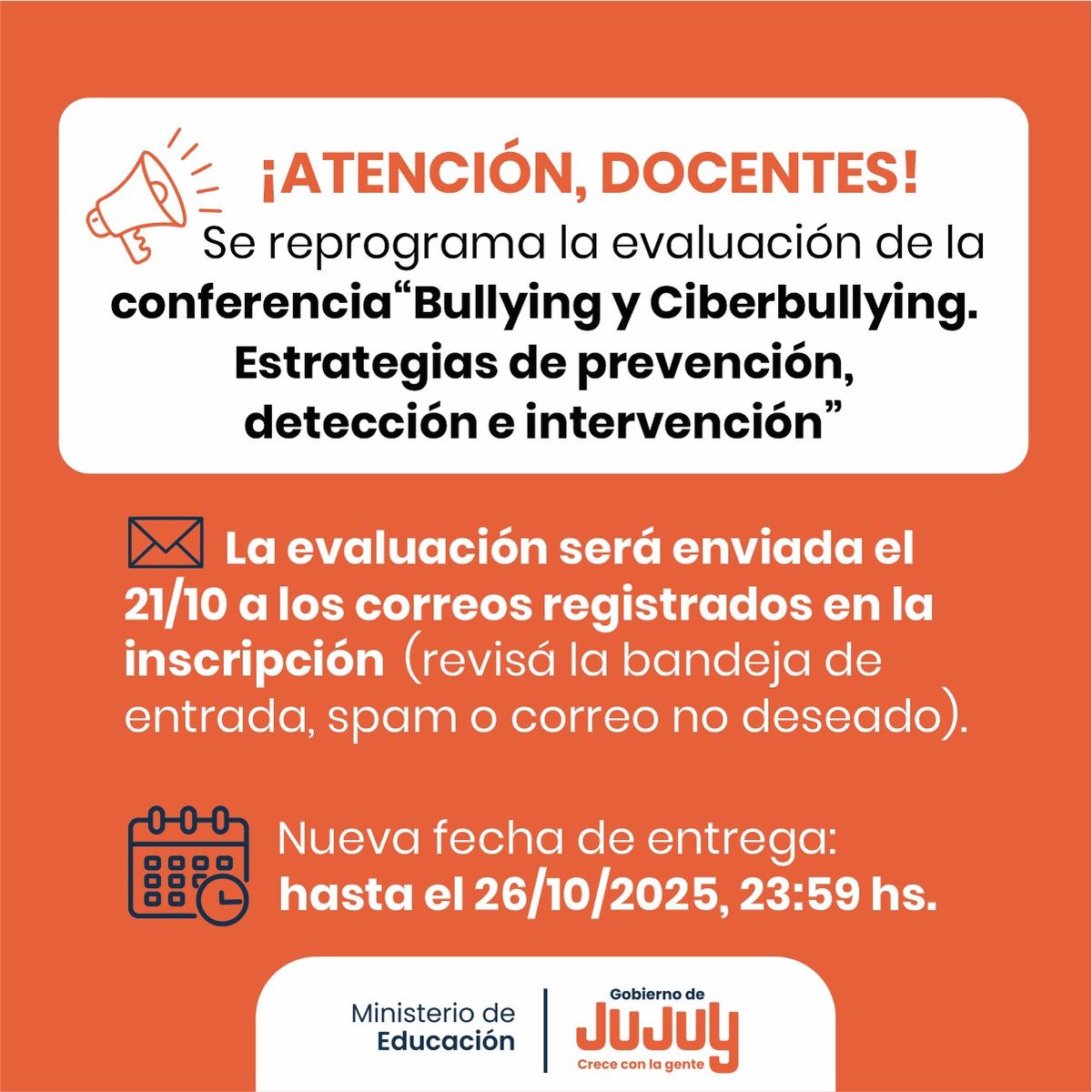 Reprograman la evaluación de la Conferencia Bullying y ciberbullying Reprograman la evaluación de la Conferencia Bullying y ciberbullying