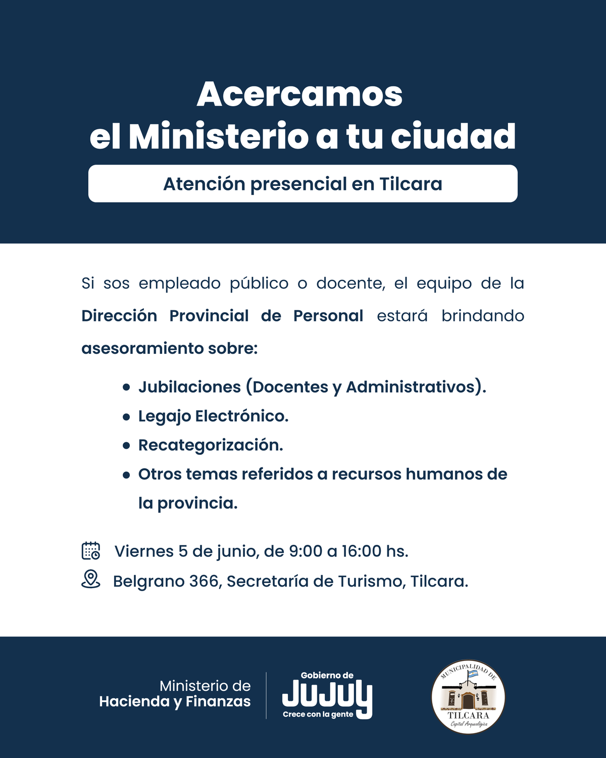 La Dirección Provincial de Personal brindará atención en Tilcara este viernes