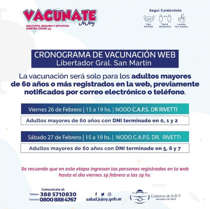Comienza la vacunación a mayores de 60 años en Palpalá, Perico, San Pedro y Libertador