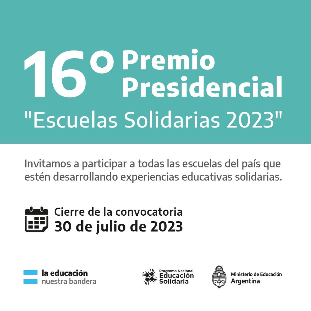 Convocatoria para la 16° Edición Premio Presidencial -Escuelas Solidarias 2023