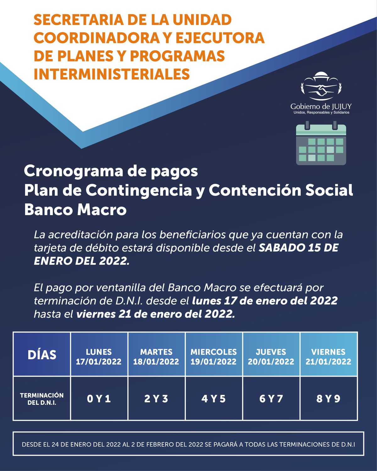 Cronograma de pagos del Plan de Contingencia y de Contención Social