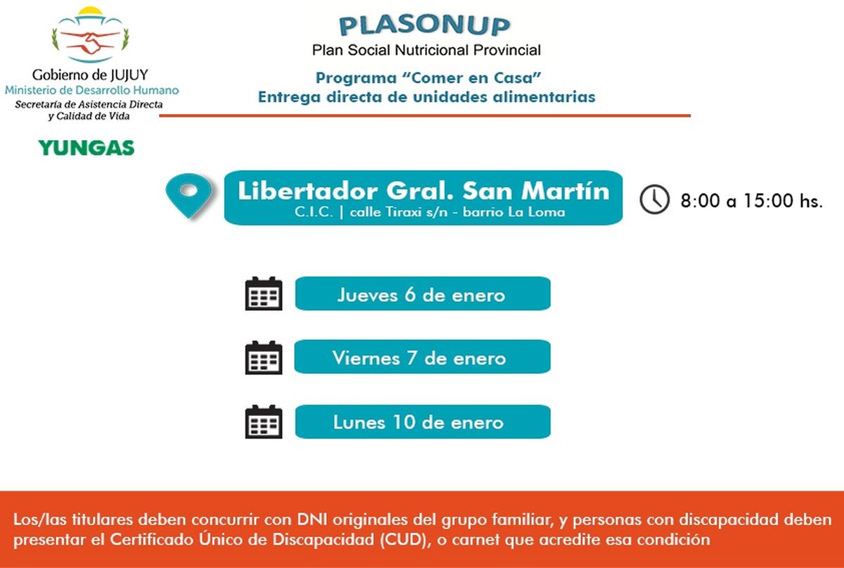 Programa Comer en Casa: Entrega de unidades alimentarias en Libertador Gral. San Martín