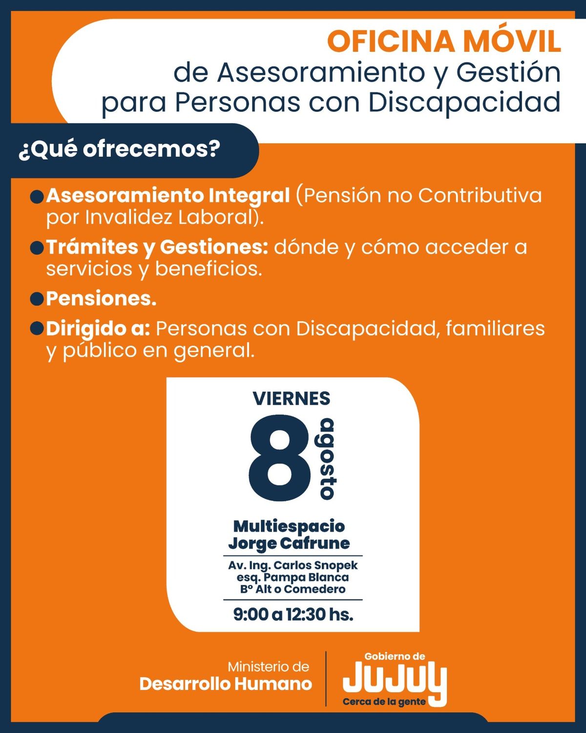 Oficina Móvil de Asesoramiento para personas con discapacidad estará en Alto Comedero