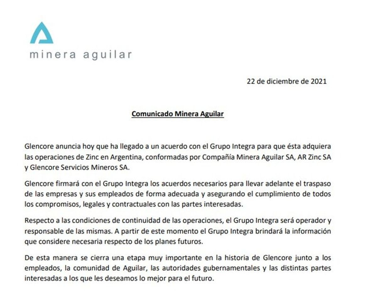 Gobierno atento al acuerdo de Minera El Aguilar con Grupo Integra
